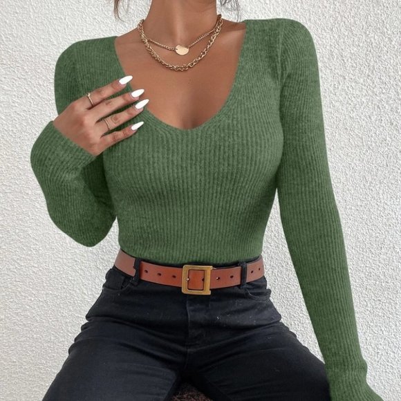 green rib knit sweater chic classic casual fall winter trending - Picture 2 of 7